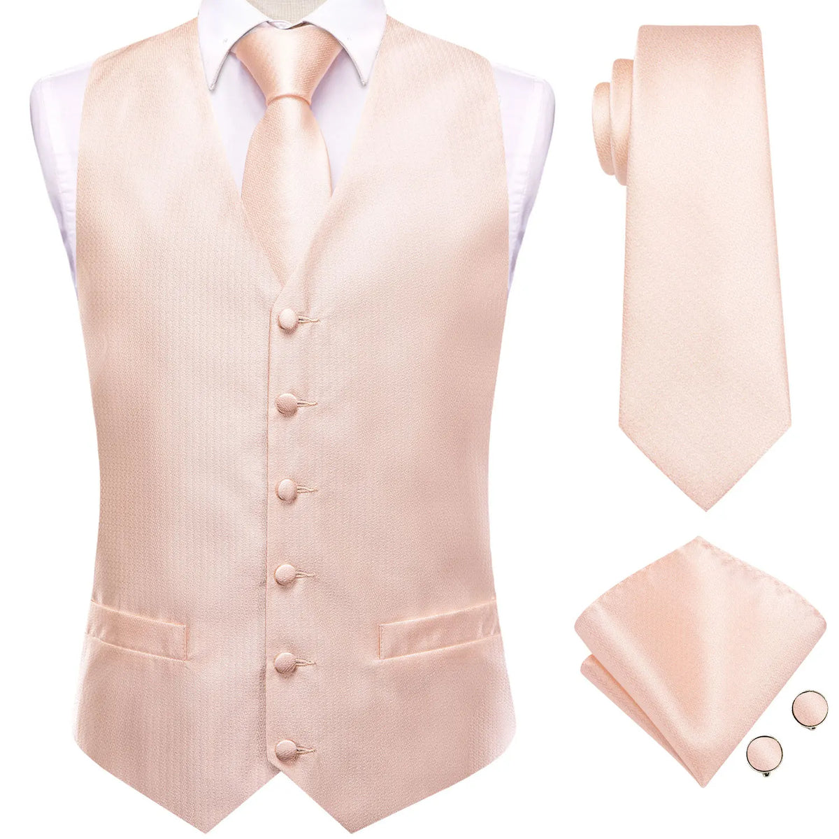 Wedding Coral Pink Mens Vest Silk Tie Set Adjustable Jacquard Waistcoat Jacket Necktie Hanky Cufflinks Formal Party Gifts