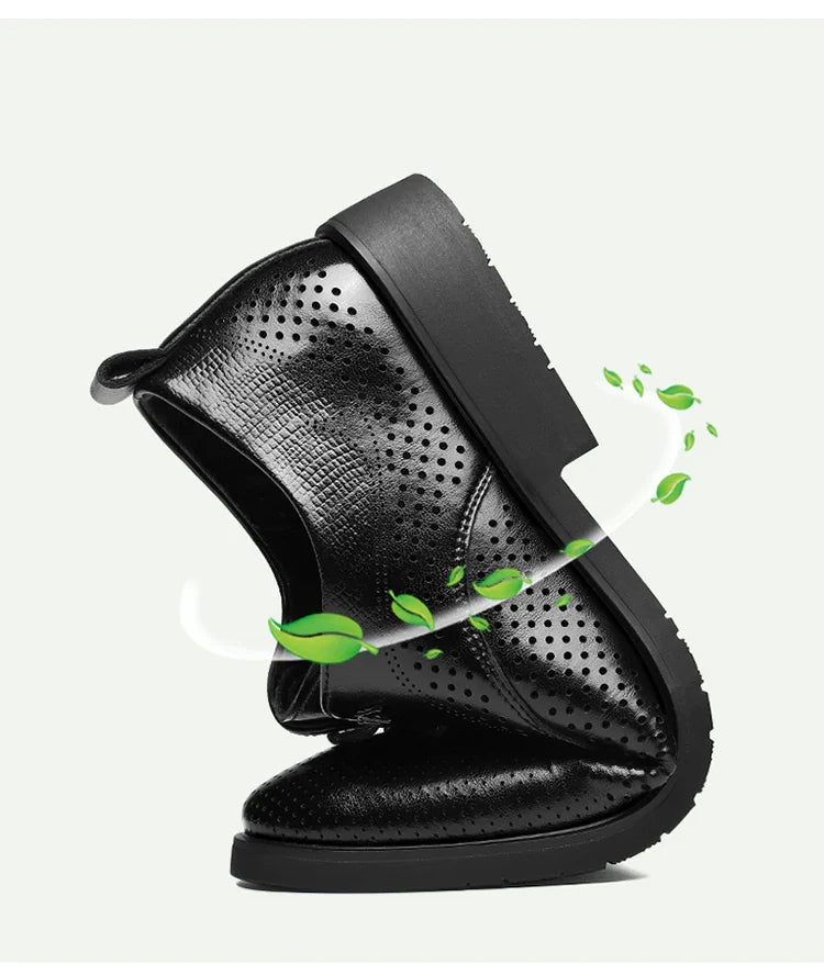 Men's Summer Breathable Leather Shoes Hollow out Fashionable Slip-On Comfortable Anti-Slip Soft Bottom Derby Shoes-SJ2501-1