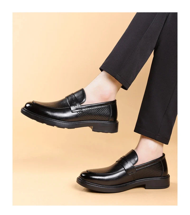 Mens Black Penny Loafers With Perforated Detail Slip On Comfortable Breathable Dress Shoes For Business Office And Summer Wear