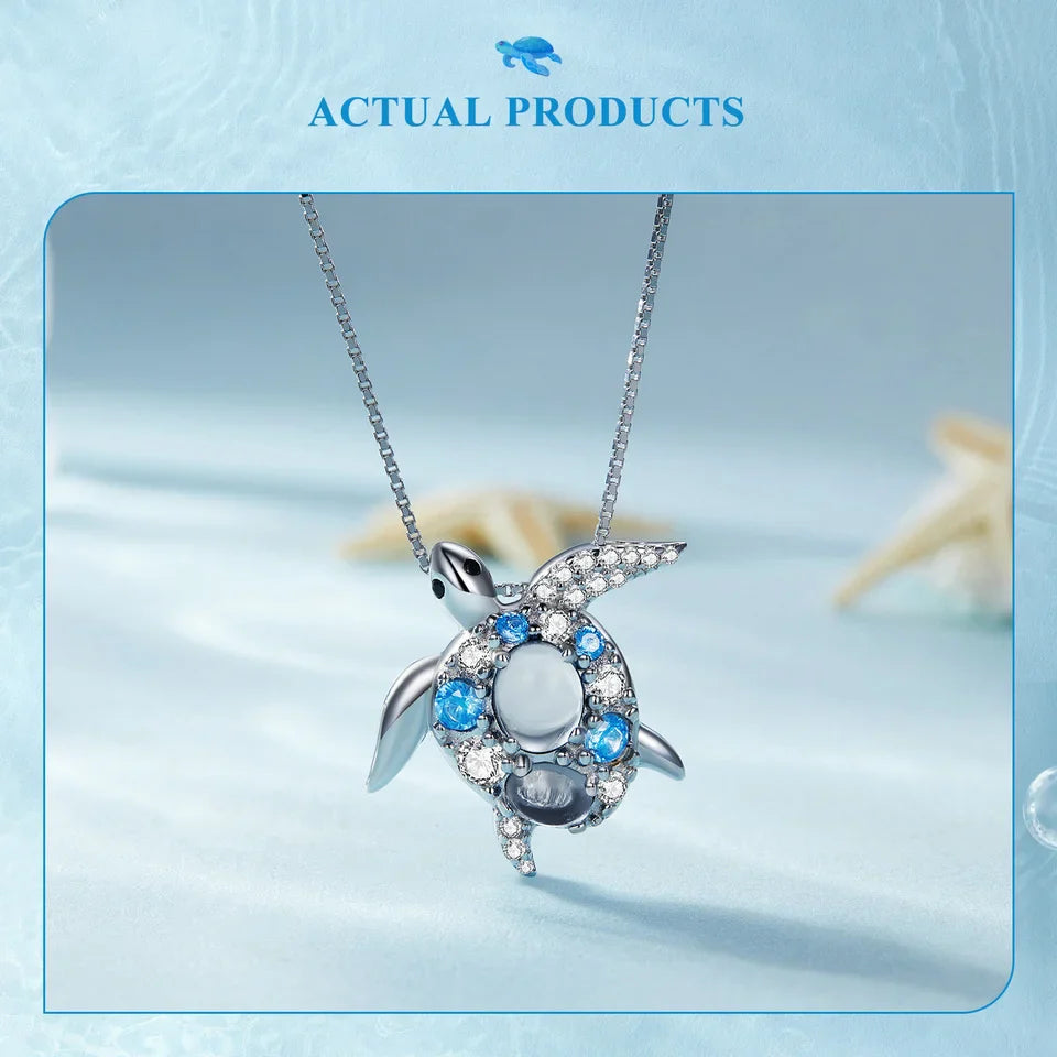 925 Sterling Silver Blue Spinel Sea Turtle Pendant Necklace Pave Setting CZ for Women Valentine's Day Gift