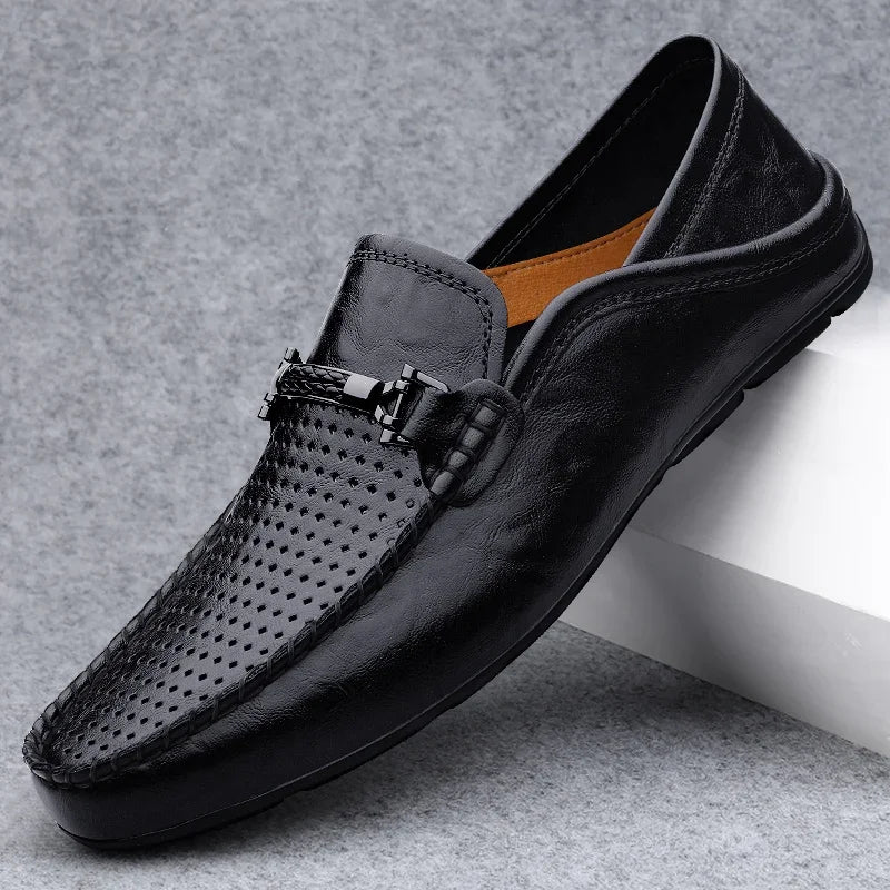 Men Casual Summer Shoes Hollow Out Breathable Men's Driving Shoes High Quality Male Business Shoes 2024 Genuine Leather Loafers
