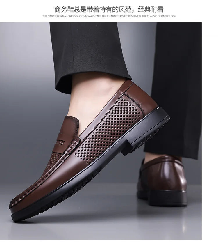 2026 Summer New Men's Breathable Leather Loafers Slip-On Hollow Out Casual Business Casual Shoes for Man Flat Driving Shoes Male