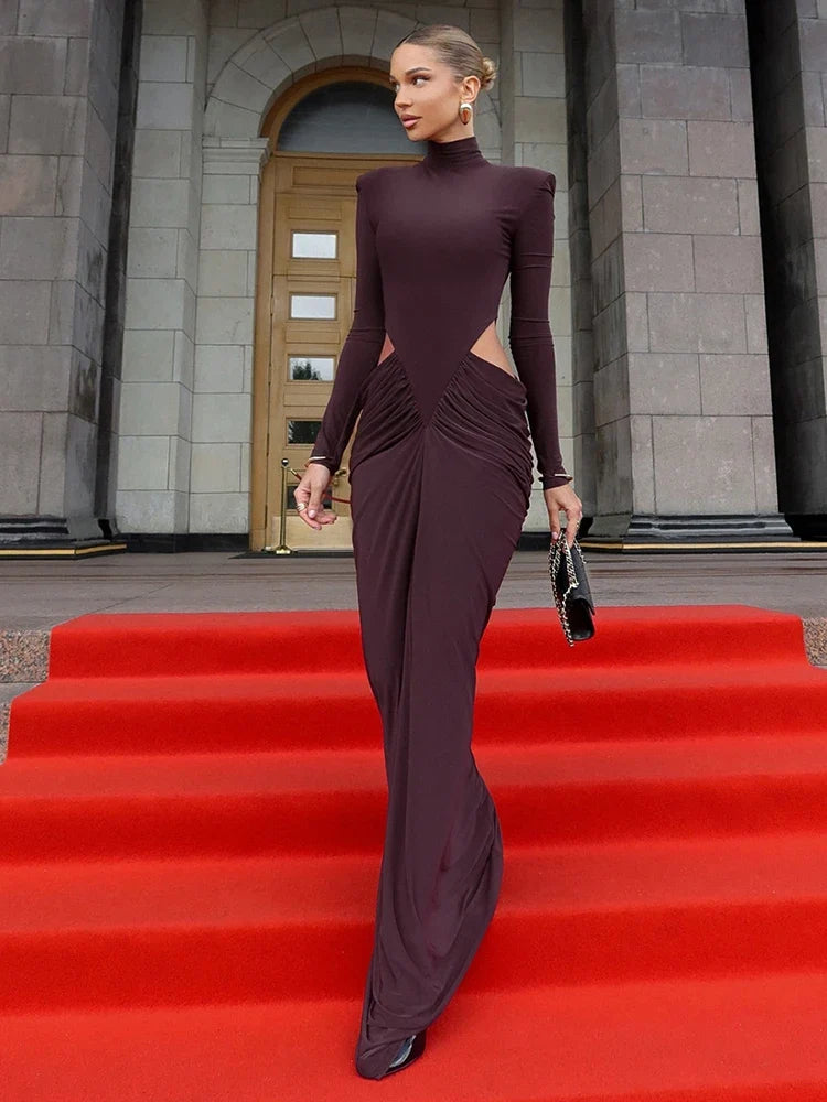Hipster Waistless Ruched Elegant Dress Woman Autumn Style Turtleneck Full Sleeve Hollow Design Prom Party Long Bodycon