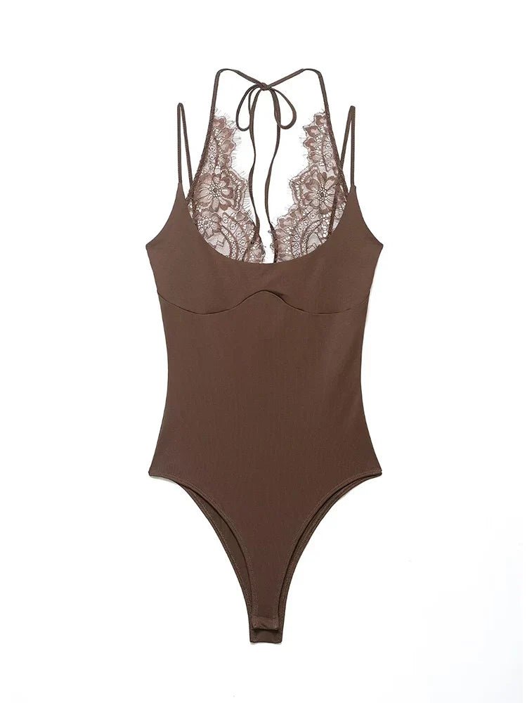 TFMLN Women Sexy Slim Bodysuits Chic Lace Partwork Sleeveless Fashion Backless Sling Tops 2026 Newest Lady Casual Playsuit