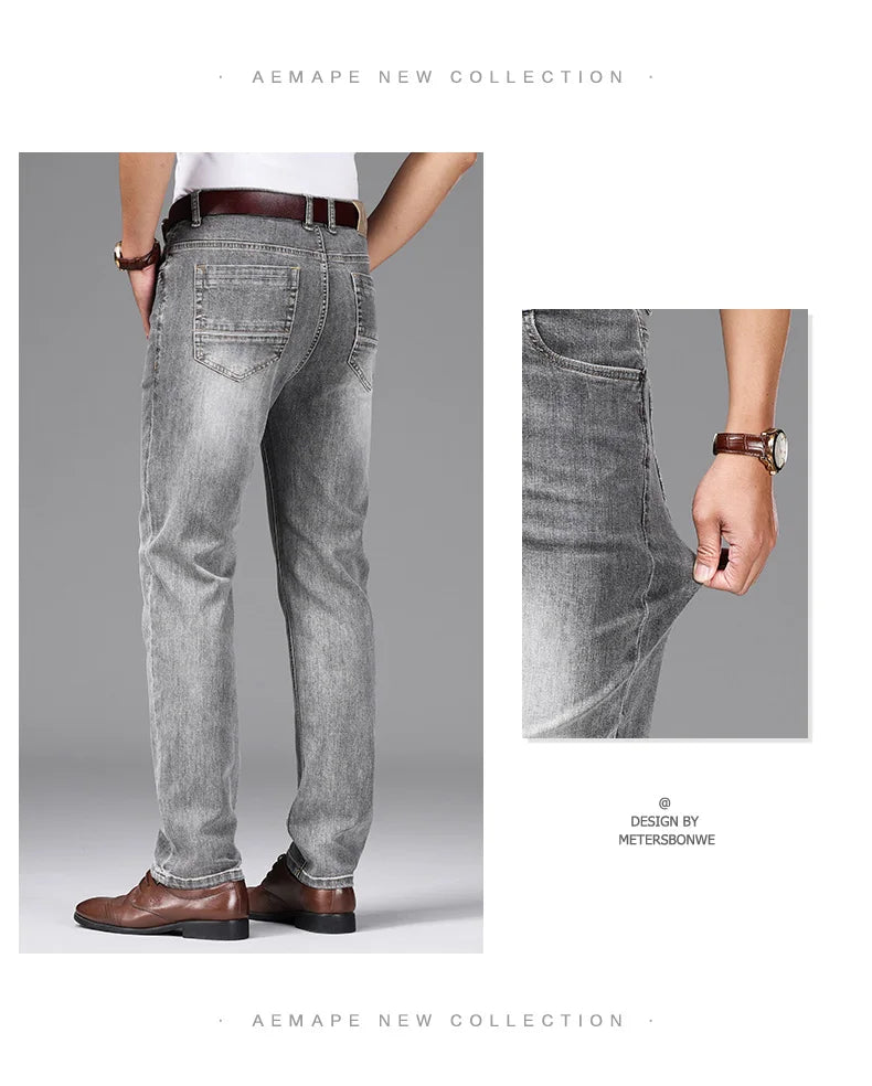 Spring/Summer 2023 Men's Gray Frayed Thin Jeans Classic Style Business Fashion Cotton Denim Stretch Pants Male Brand Trousers