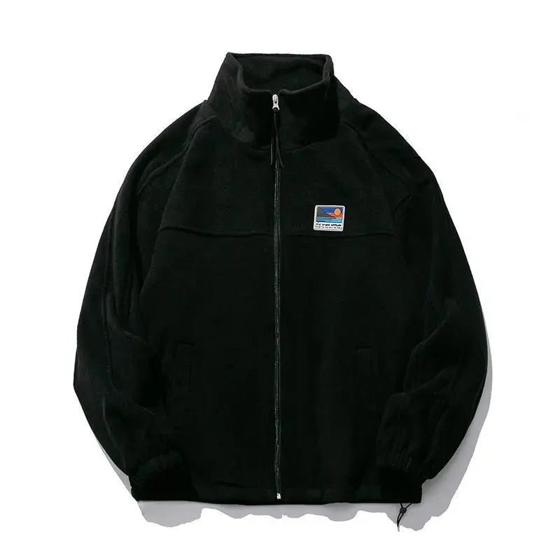 Japanese Style Lamb Wool Jacket Fleece Sweatshirt Men's Autumn/Winter Couple Stand Collar Flocking Student Outerwear Casual Jack