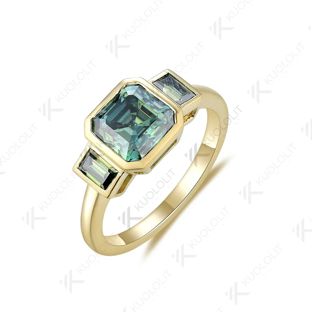 2CT Cyan Moissanite Rings for Women Solid 14K 10K 585 Yelllow Gold Asscher Ring for Engagement Anniversary Engagement