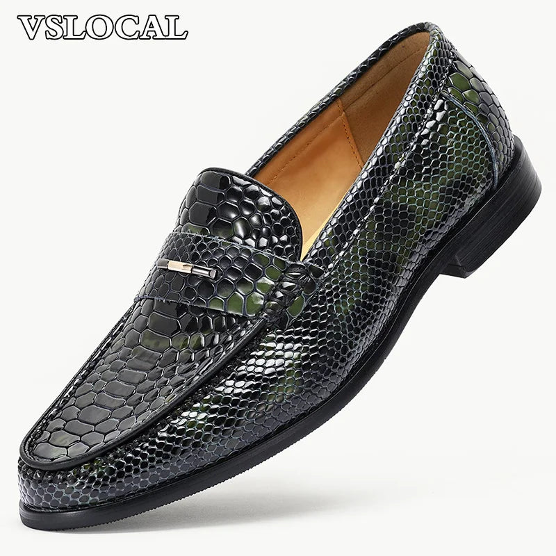 Luxury Men Loafers Shoes Slip On Snake Prints Casual Mens Dress Shoes Wedding Office Banquet Genuine Leather Shoes Men