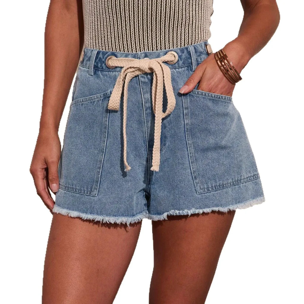 Women's High Waist Denim Shorts with Drawstring Front Pockets Frayed Hem Summer Casual Jeans Shorts