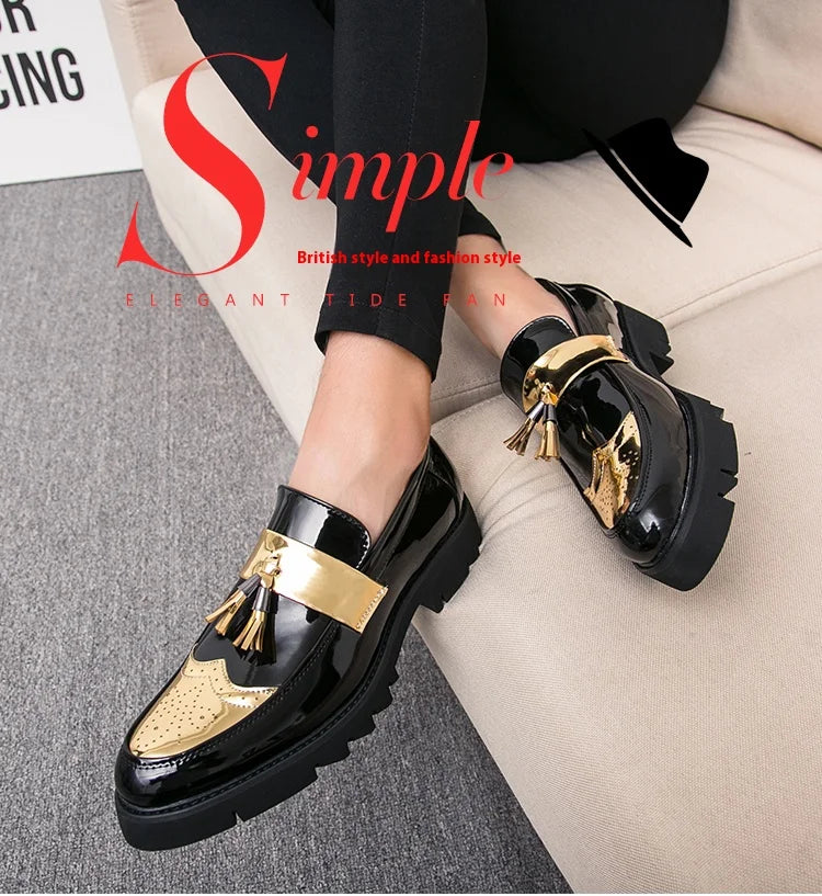 Fashion Golden Men's Casual Slip-On Tassel Patent Loafers Thick Bottom Elevator Shoes Men's Party Shoes Business Shoes Brogue