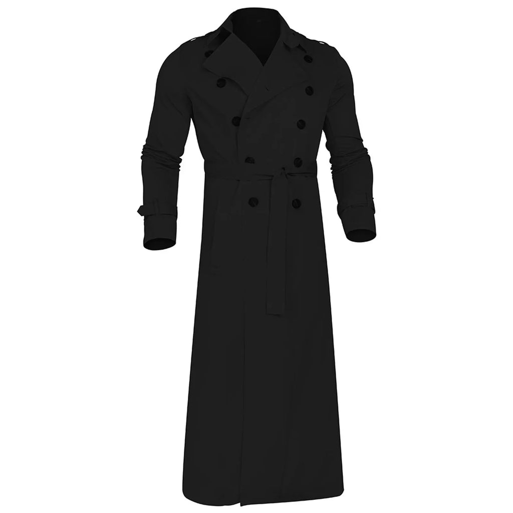 Men'S Windbreaker Spring Autumn Long-Slevee Extra Long Trench Coat Classic Trend Double Breasted Solid Color Temperament Trench