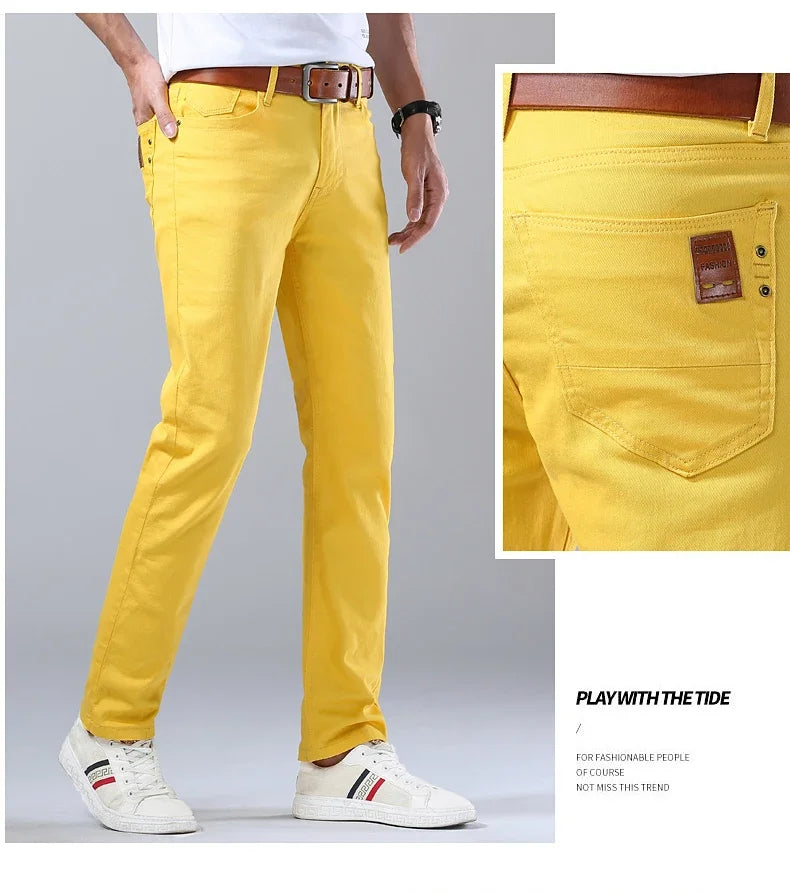 2024 Autumn New Men's Stretch Fit Jeans Bright Trendy Denim Straight-leg Trousers Male Red Lake Blue Yellow Trousers