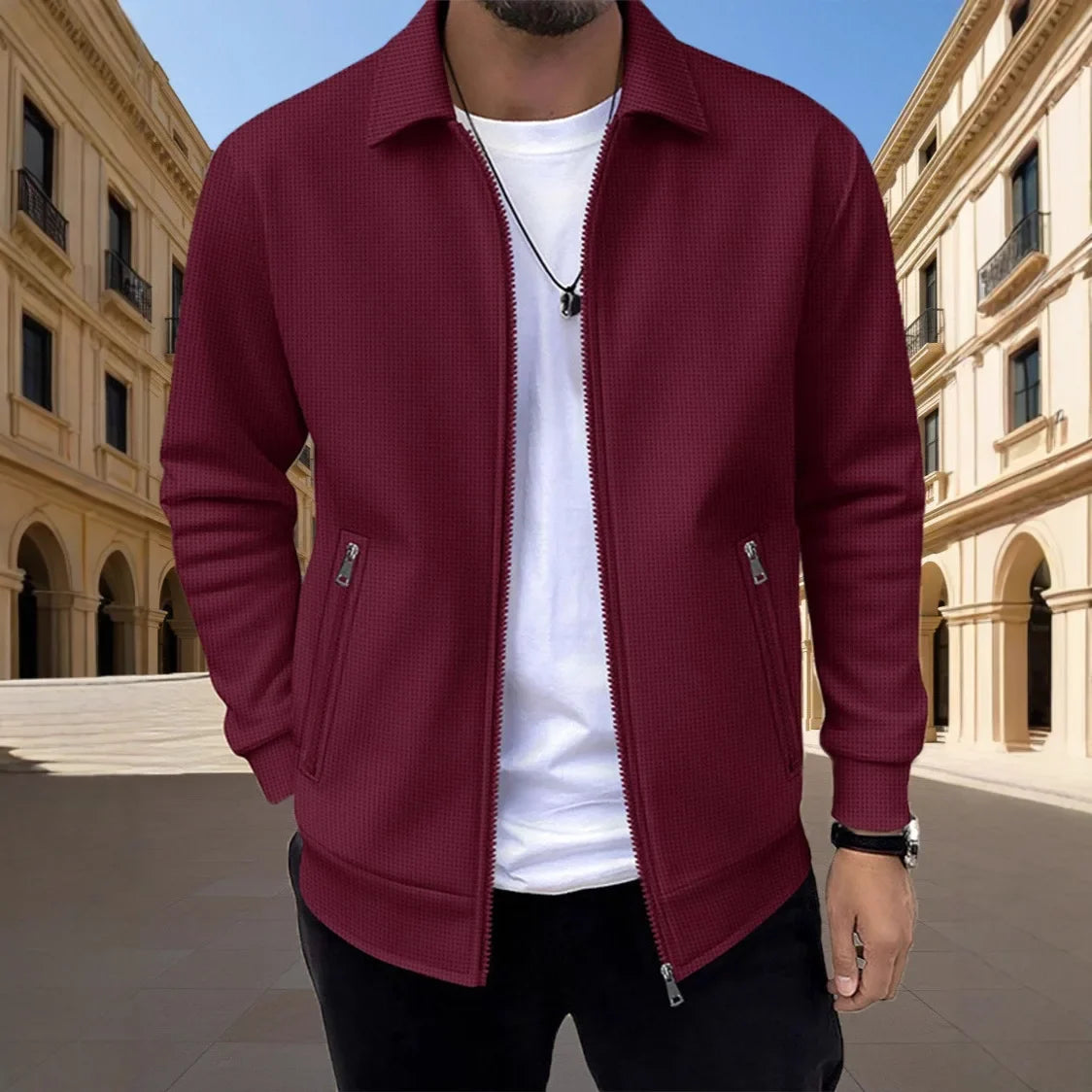 Men's Slim-fit Cardigan Solid-color Lapel Waffle Texture Zipper Pocket Casual Spring/Autumn 2025 Fashion