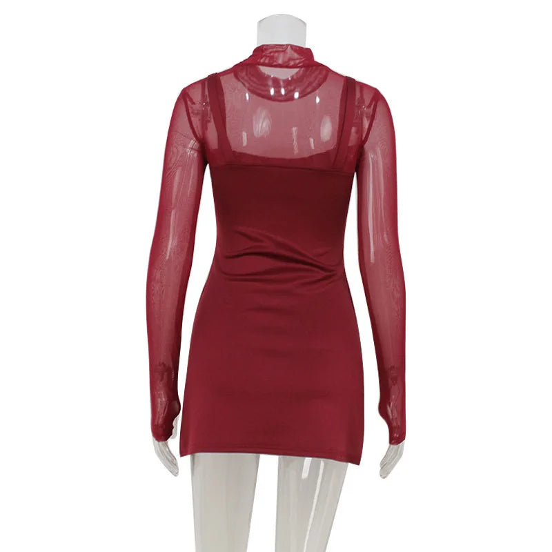 Mesh Patchwork Mini Dress For Women Party Elegant Evening Vestidos Fashion Lace Long Sleeve Turtleneck Slim Short Dresses
