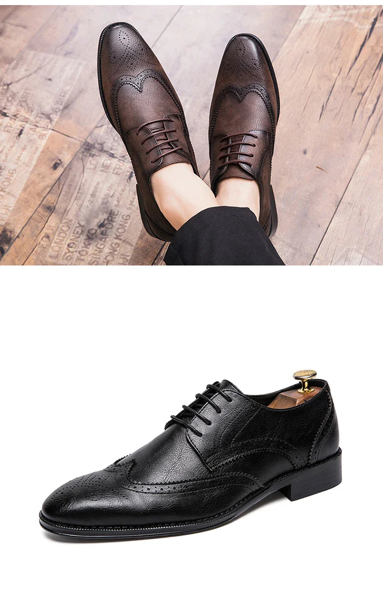 Lace-up casual leather shoes Men's wedding carved Brogues men's formal business pointed shoes Groom's leather shoes