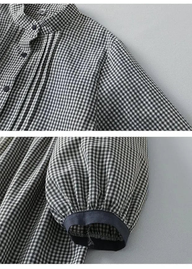 Sweet Japanese Sle Cotton Linen Plaid Long Sve Dr Women Spring Autumn Slimming Doll Dr Cardigan Stand Collar Long ...