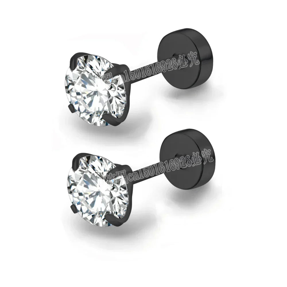 XUBCHC Stainless Steel Round Cubic Zirconia Ear Piercing For Women Men CZ Shiny Silver Color Stud Earrings Black Body Jewelry