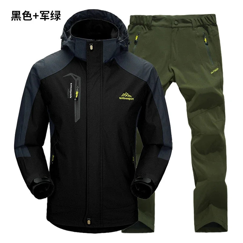 Outdoor Jacket Pants Sets Men Fleece Thermal Waterproof Windproof Hooded Jackets Hiking Military Trip Mountain Camping Clothes