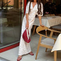 Casual White Print Dresses For Woman Fashion V-Neck Batwing Sleeve Dresses Elegant Straight Floor-Length Dress Streetwear