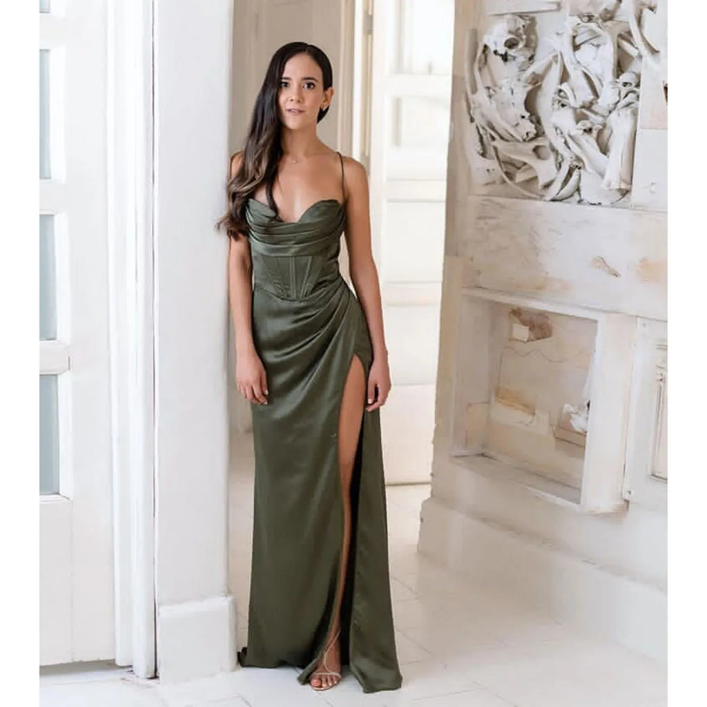 New Summer Prom Dress Women'S Sling Sleeveless Solid Color Dress One Word Neck Slim Fit Open Back Slit Red Sexy Dress