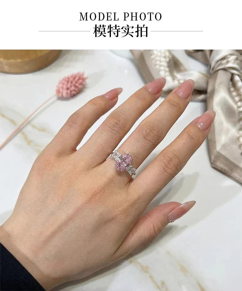 S925 Silver Ring 8 * 12mm Elliptical Zircon Powder Ice Flower Cut Ring Sweet Wind Jewelry