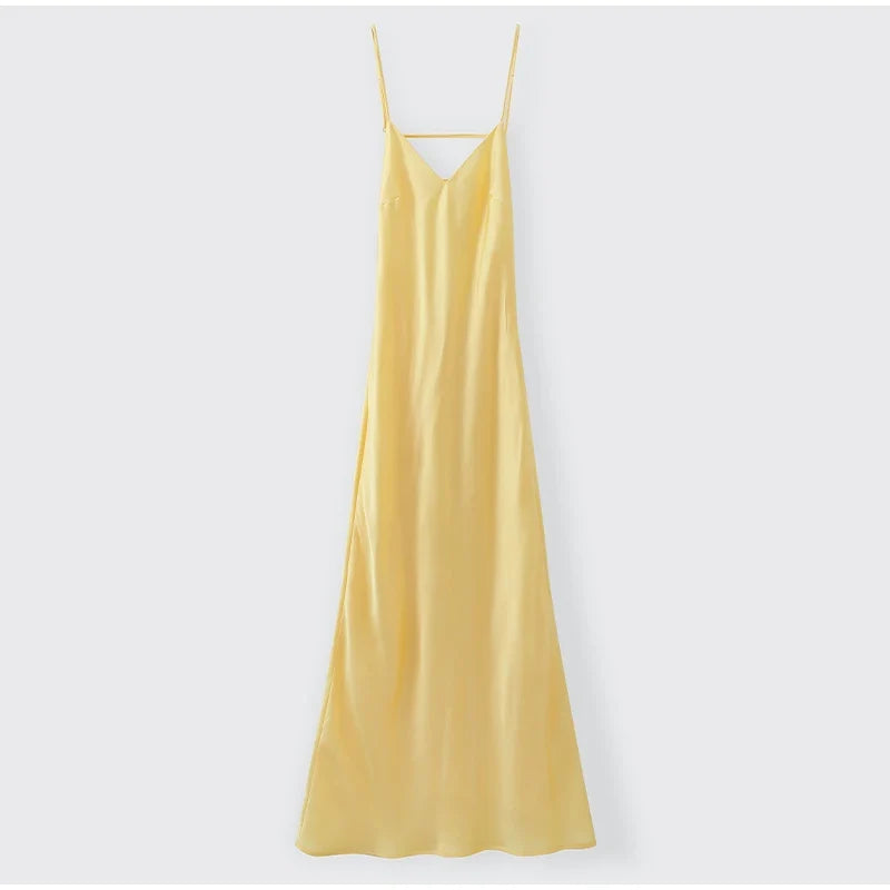 Yellow Satin Sling Dress Women Elegant V Neck Sleeveless Backless High Waist Maxi Dresses 2025 Summer Lady Party Evening Robes