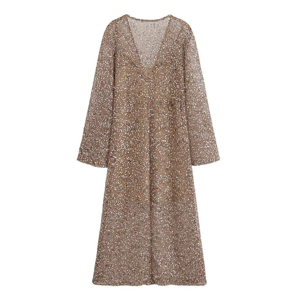 Sexy Sequined Long Pleated Dress Women Deep V-neck Full Sleeve See Through Dresses 2026 Summer Lady Party Evening Dresses ﻿