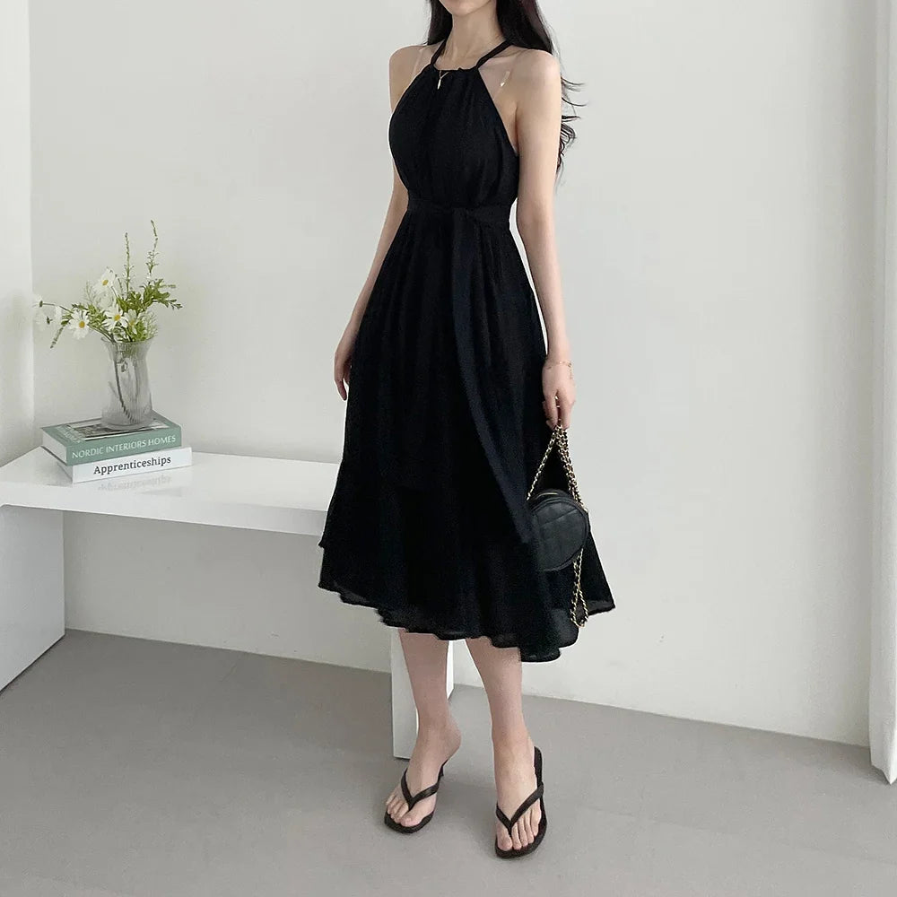 Korean Style Summer Slimming Necktie Waist Cinched Sleeveless Vest Long Dress Women's Fashionable Commute Style Inner Wear