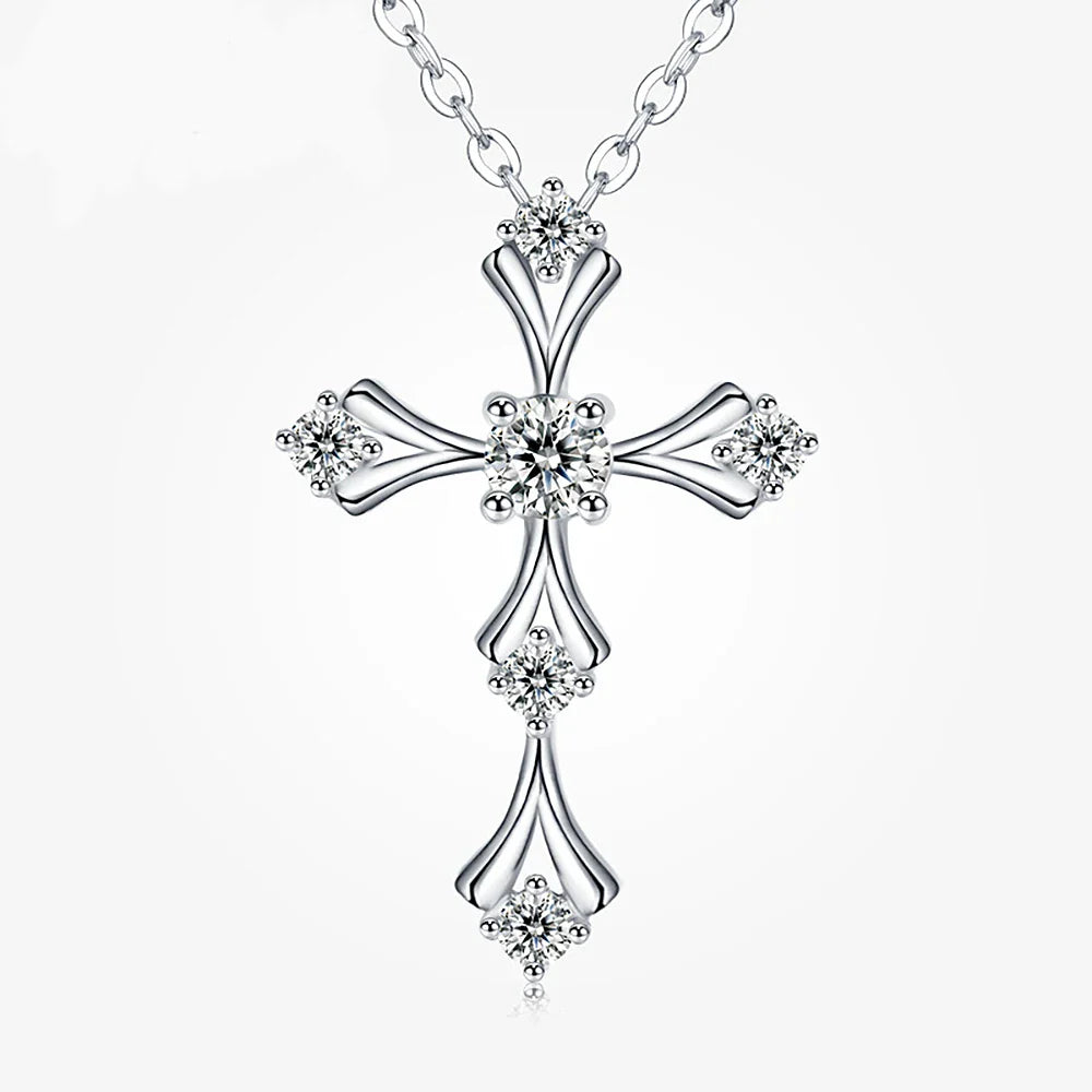 Crucifix Faith Cross Moissanite Pendant Necklace White Gold Plated 925 Sterling Silver Unisex Jewelry Hip Hop Goth Style Gift