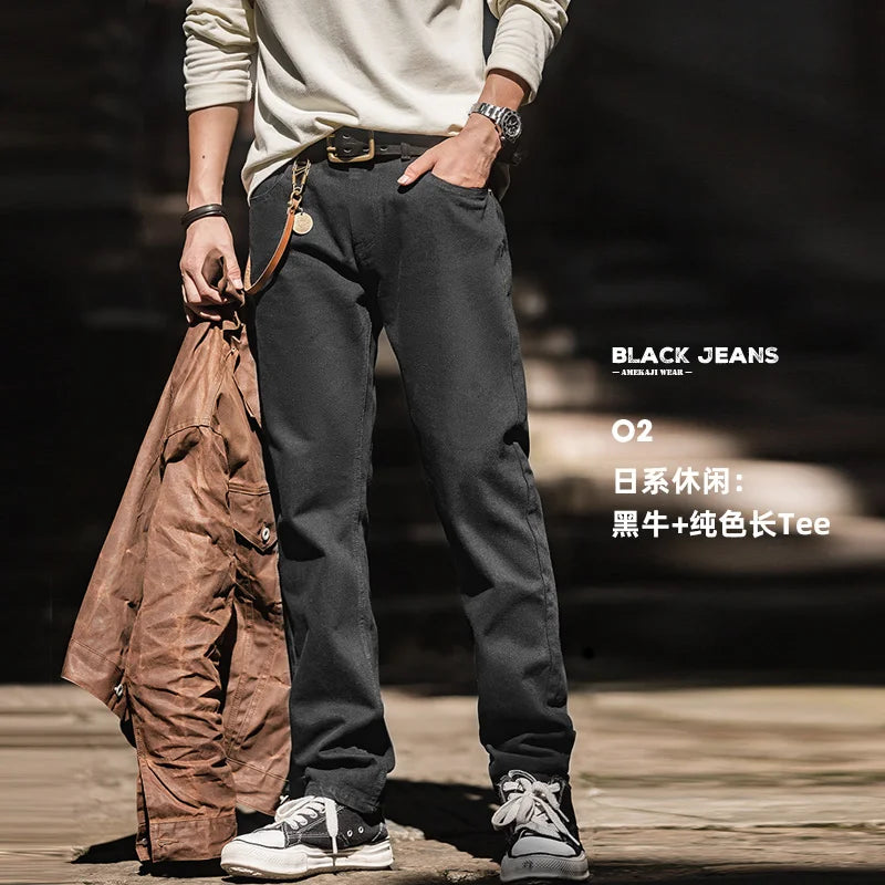 Men Baggy Denim Jeans American Retro Pure Black Mid-waist Jeans