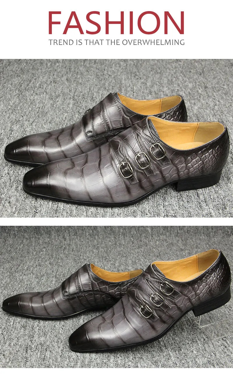 Fashion Business Men Leather Shoes Crocodile Print Wedding Party Office High Grade Genuine Leather Shoes Grey Pointed Toe Loafer