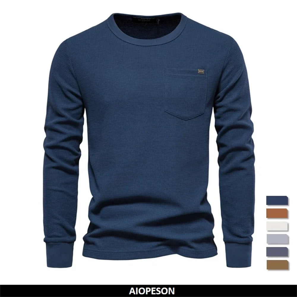 Men's Waffle Cotton Long Sleeve T-Shirt - Solid Color Single Pocket Design, Autumn Basic Breathable Top for Casual Outfits