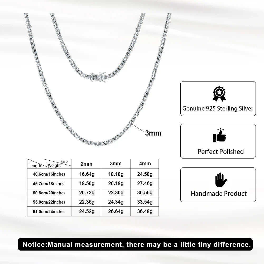 Classic Moissanite Diamond Tennis Necklace for Women 2/3/4mm 925 Silver Original GRA Certified Clavicle Chain MON01