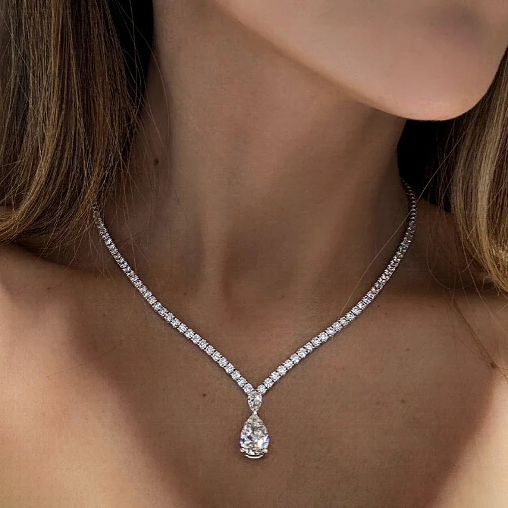 V-shape Moissanite Tennis Necklace for Women with 6Carat WaterDrop Pear Cut Diamond Pendant Riviera Necklace with Certificates