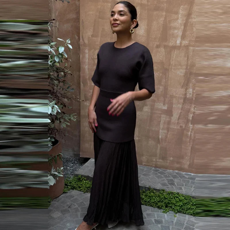 Womens Dresses Brown Pleated Dress Summer 2025 Elegant Knitted Short Sleeve Vestidos Chic Patchwork O-Neck Vacation Dresses