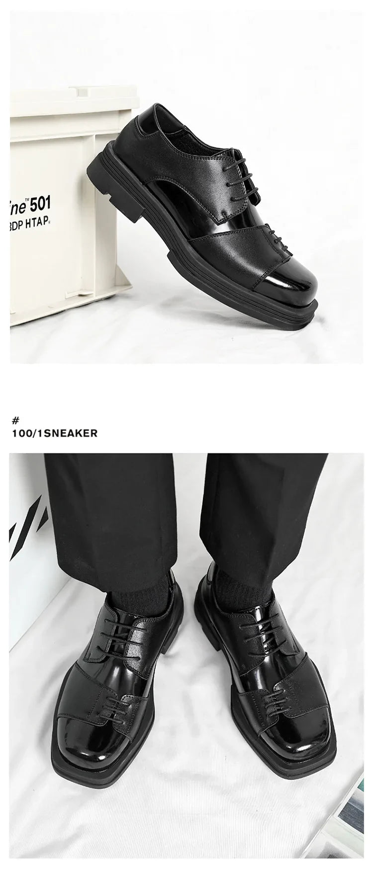Men Genuine Leather Derby Shoes Vintage Square Toe Male Lace Up Platform Dress Shoes Black Business Footwear Wedding Shoes