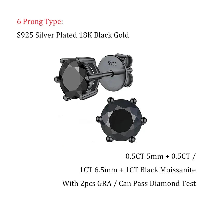 4 Claw GRA Certified 0.5/1CT Black Moissanite Earrings for Women Man Unisex 925 Silver Plated 18K Black Gold Party Ear Stud