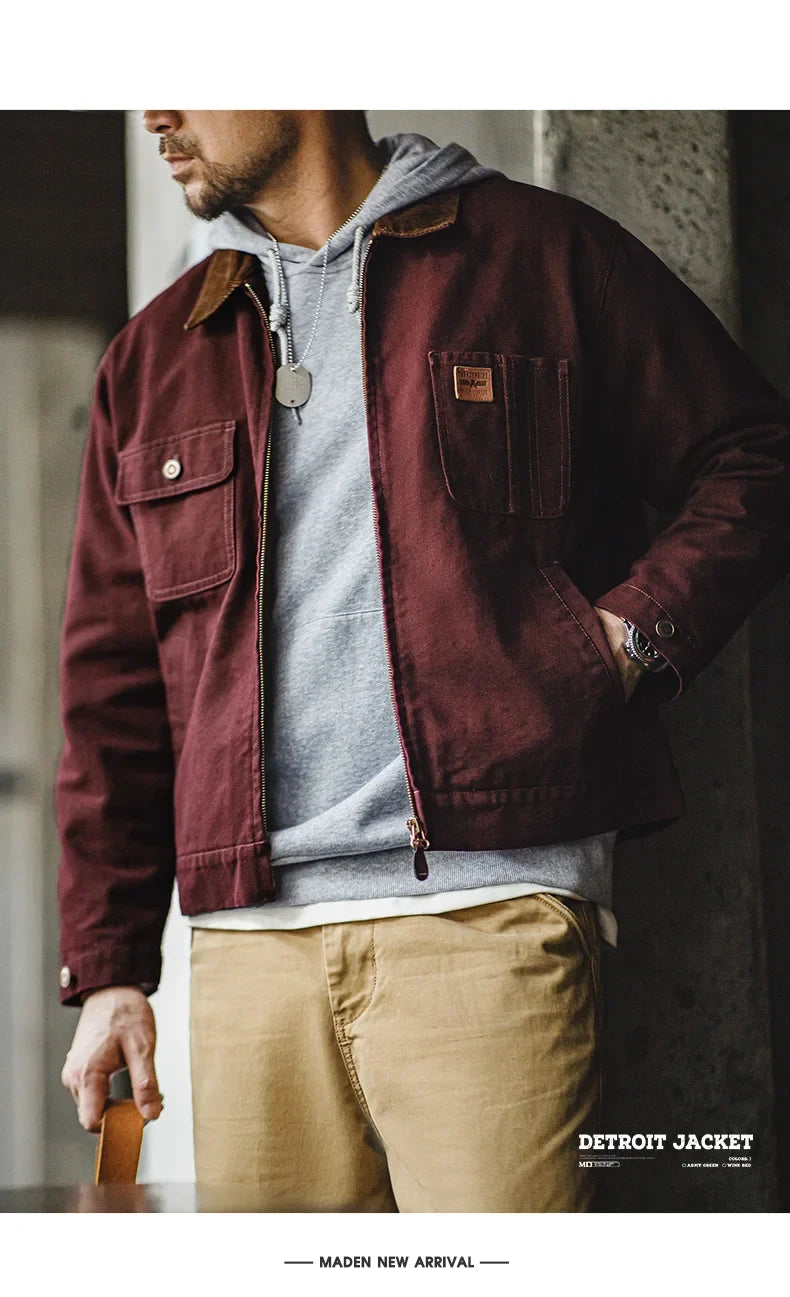 Retro Heavyweight Canvas Detroit Jacket Corduroy Collar Hunting Short Zip-Up Jacket with Pockets Men's Autumn Outerwear
