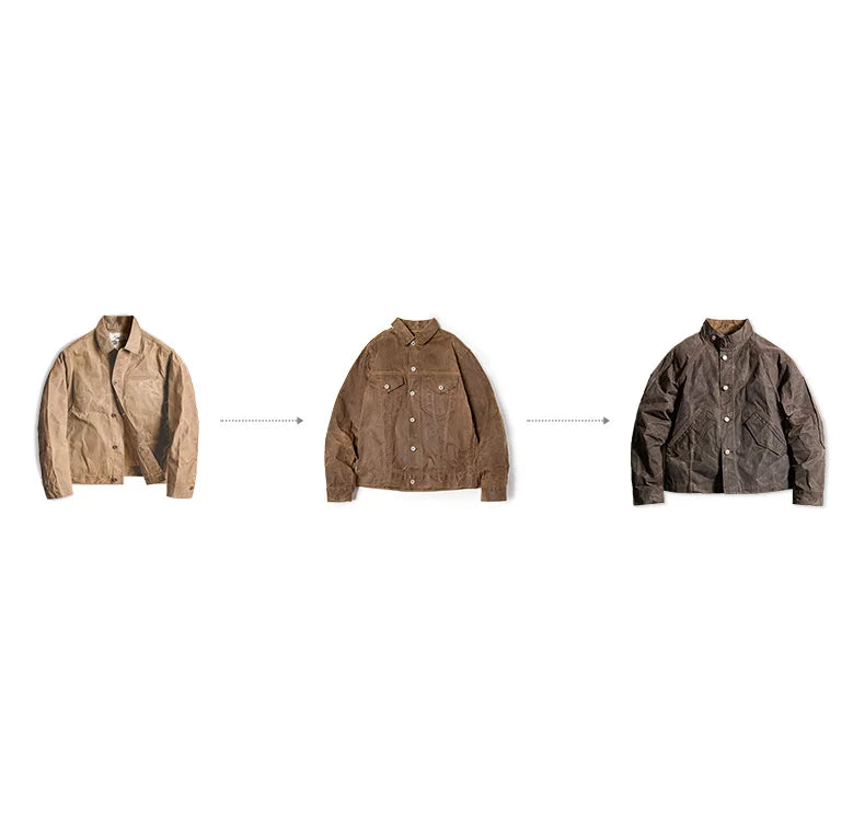 Men's Vintage IV Oil Waxed Canvas Jacket Lapel Zipper Short Outerwear Classic Slim Fit for Men's Spring and Fall Jacket