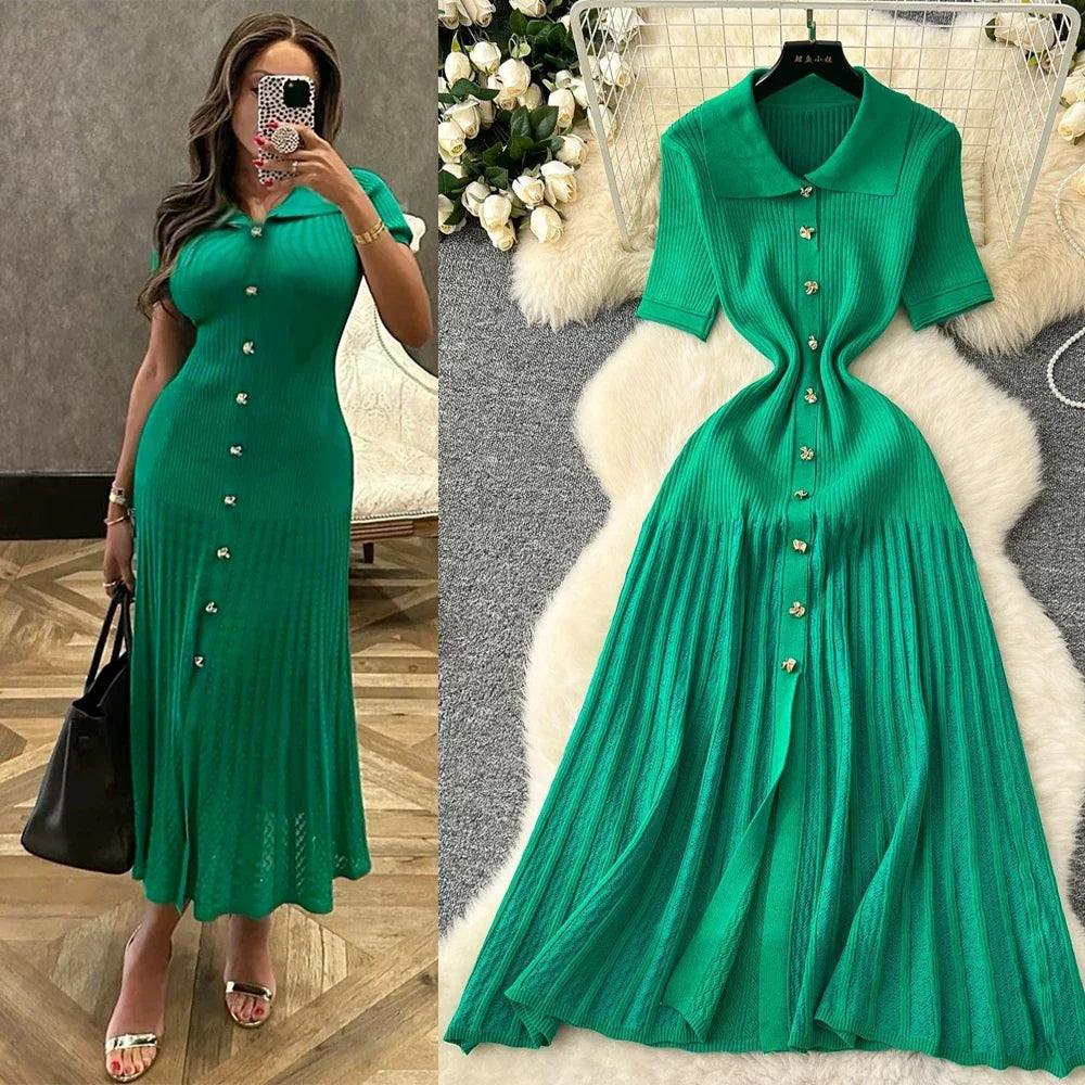 Chic Fashion Elegant Patchwork Knitted Maxi Dress 2025 Summer Lady Turn-down Collar Shirt Sweater Dress Party Vestidos