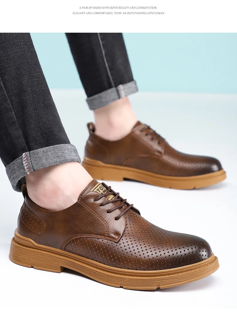 Summer Autumn New Low Top Cow Leather Shoes for Men Hallow Lace Designer Platform Shoes Male Fashion Business Casual Shoe Man