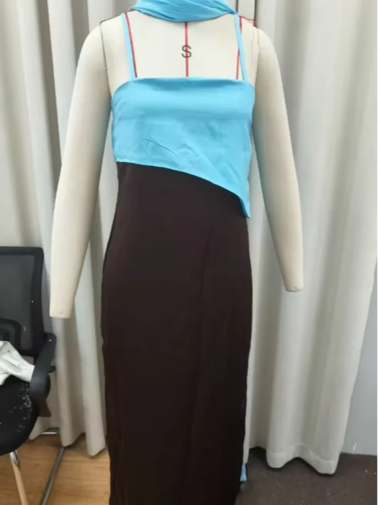 Fashion Color Block Spaghetti Strap Maxi Dress Women Elegant Halter Scarf  High Split Slim Vestidos 2026 New Daily Party Robes