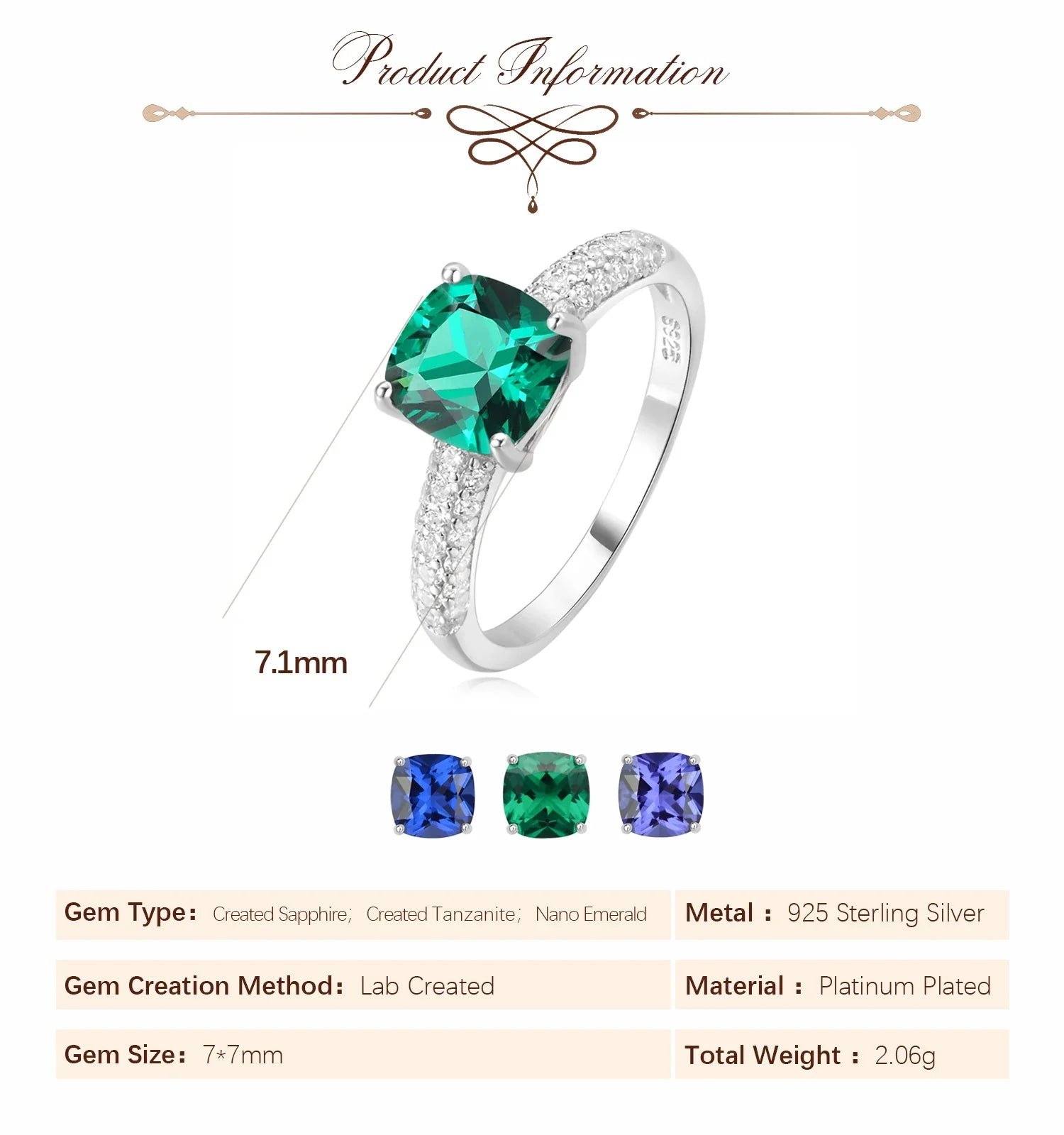 2.22ct Created Sapphire Nano Emerald Tanzanite Solitaire Ring 925 Sterling Silver for Women Daily Party Jewelry  sets gift