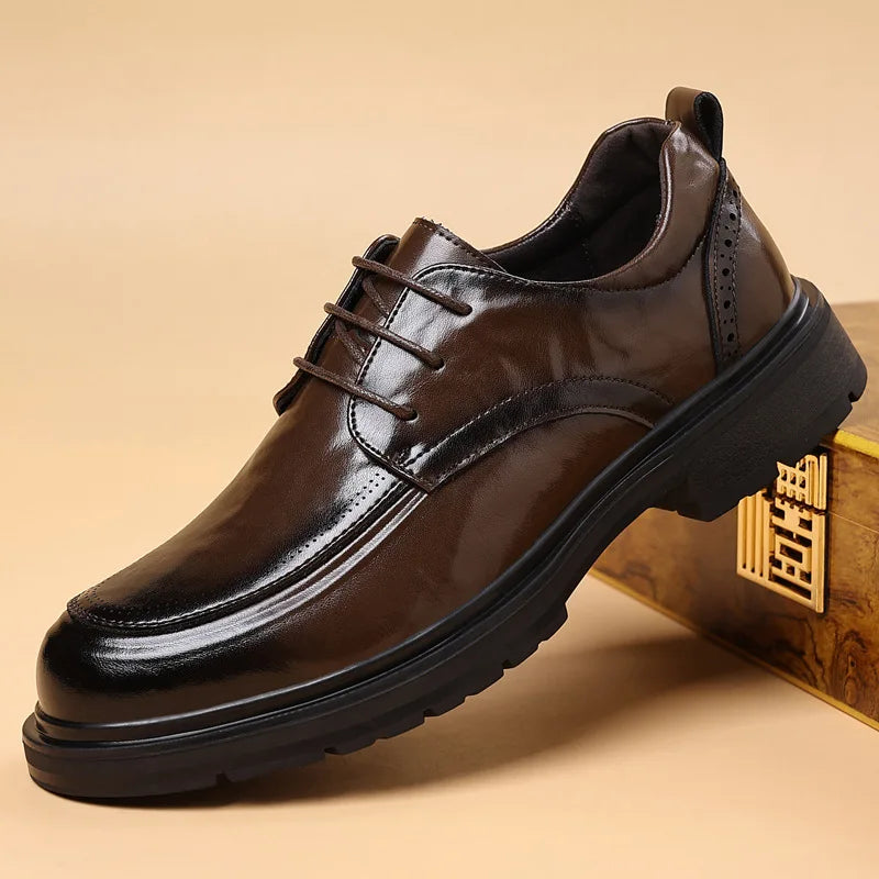 Spring Autumn Business Leather Shoes for Men Solid Color Lace Designer Big Head Dress Shoes Male Fashion Platform Casual Shoe