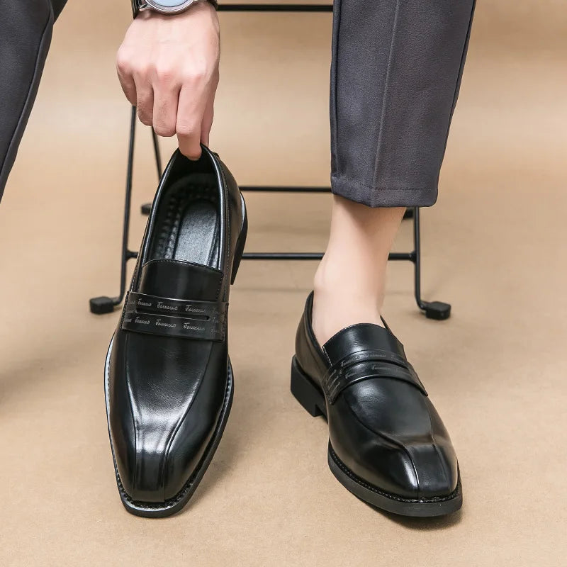 Men's Large Size Thick Bottom Heightening Painted Surface Slip-On Loafers Shoes with Rubber Sole And Ultra Leather Material