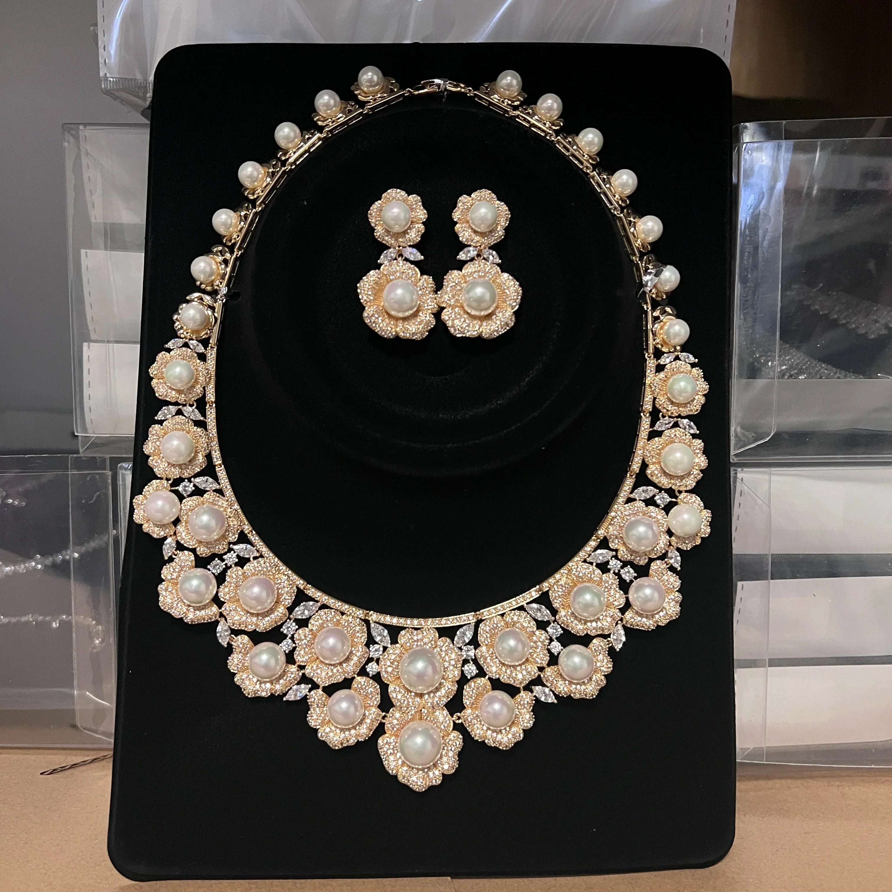 High Quality Zircon Pearls Jewelry sets Luxury Designer Flower Necklace Women Sparkling Dubai Bridal Party Costume Accessories