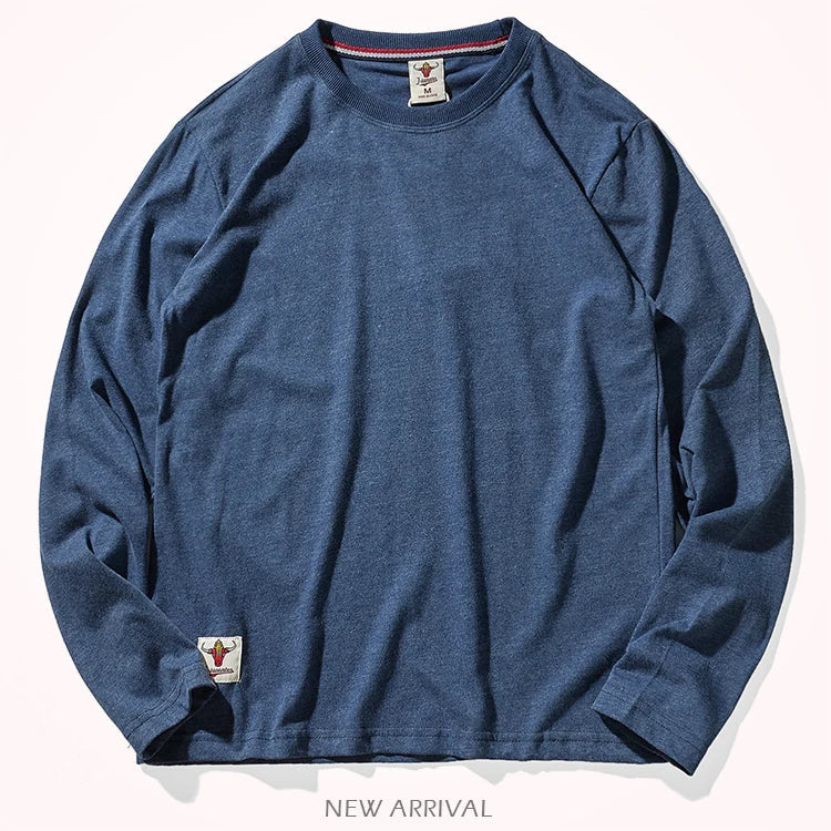 Autumn American Retro Long Sleeve O-neck Solid Color T-shirt Men's Fashion Simple 100% Cotton Washed Old Casual Bottoming Tops