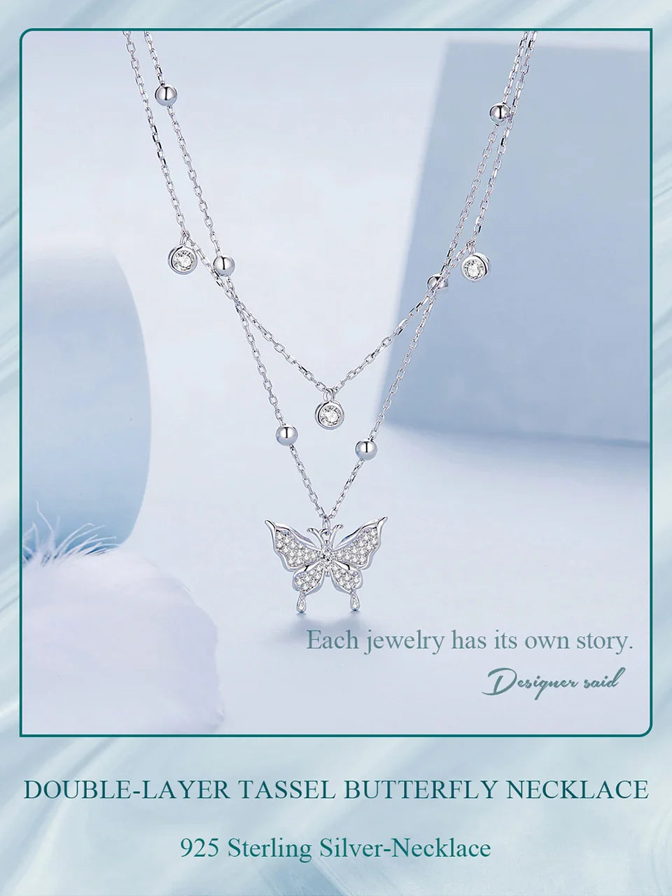 925 Sterling Silver Double-layer Tassel Butterfly Pendant Necklace for Women Engagement Gift Fine Jewelry BSN308