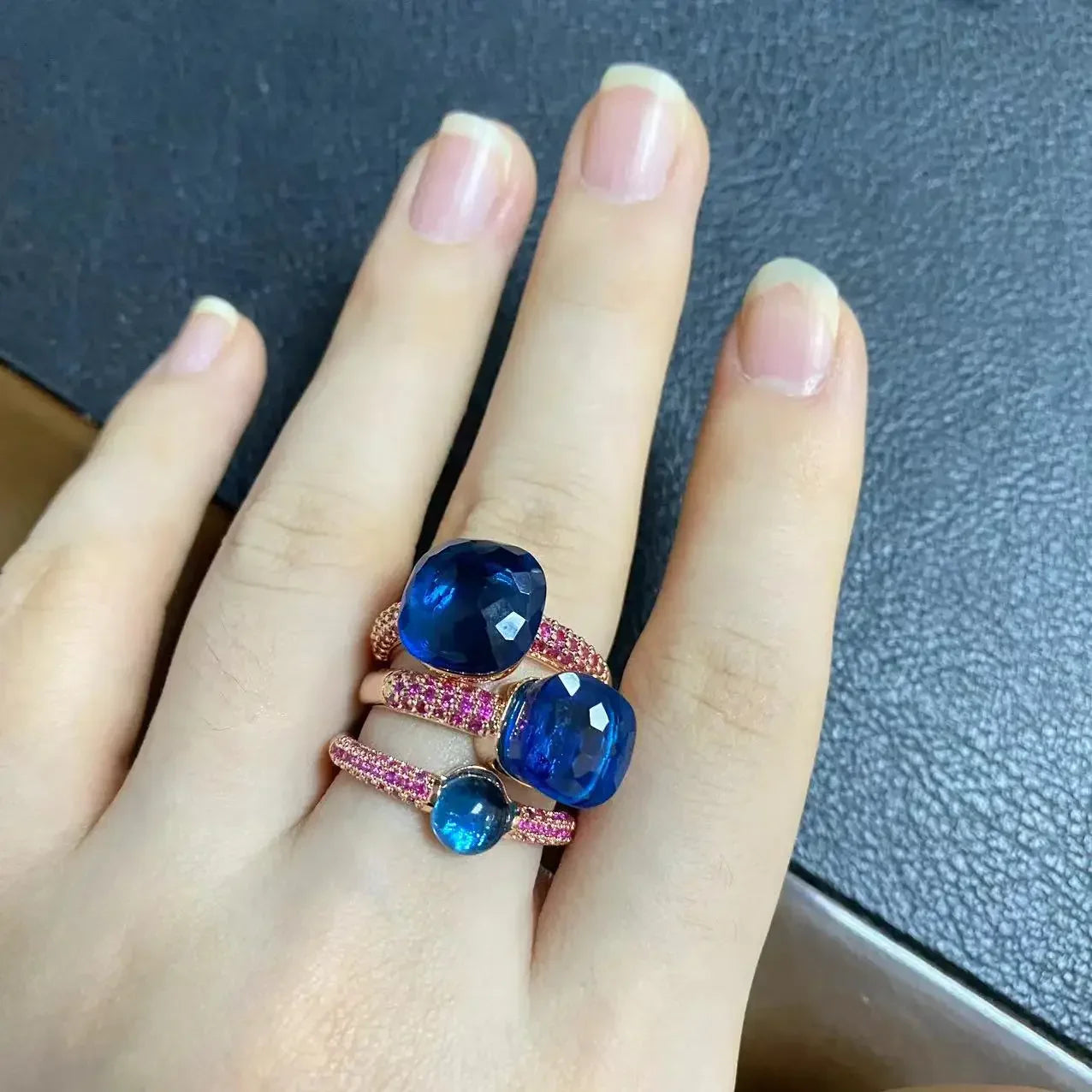 3Pcs/Set Nudo Ring Stacking Set for Women Mix Color Candy Crystal Inlay Zircon Amethyst Blue Topaz Round Jewelry Gift