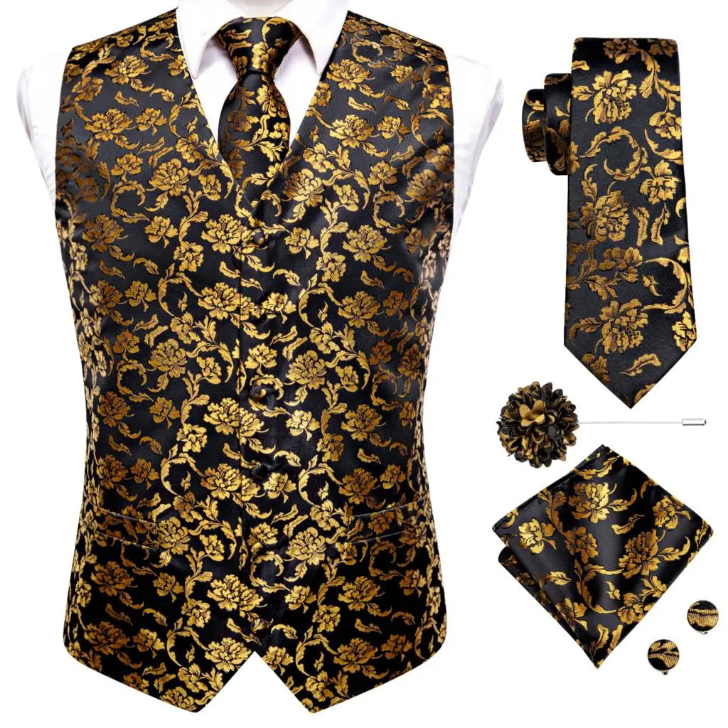 Luxury Mens Vests Black Gold Floral Jacquard Waistcoat Tie Hanky Cufflinks Brooch Set for Men Suit Wedding Office XL